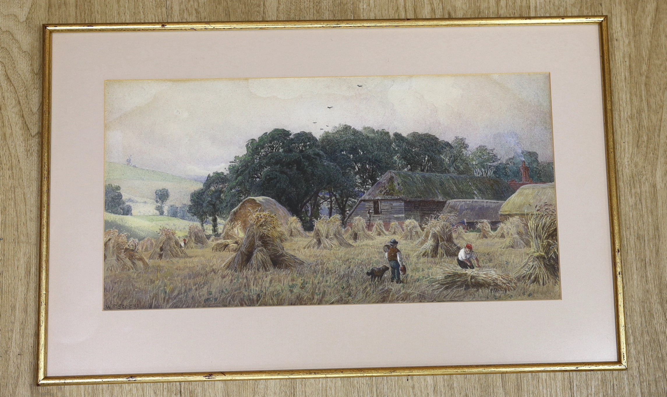 Walter Fryer Stocks (1842–1915), watercolour, Harvest scene, signed, 21 x 42cm